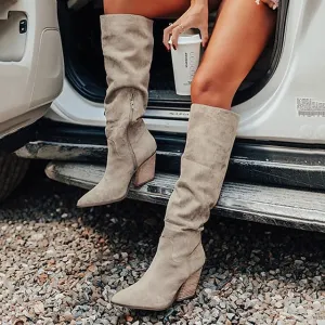 Amozae- Autumn Boots  Women's Boots Slouchy Boots Daily Knee High Boots Winter Buckle Cuban Heel Pointed Toe Vintage Casual British Walking Shoes Faux Leather Zipper Solid Colored Light Grey